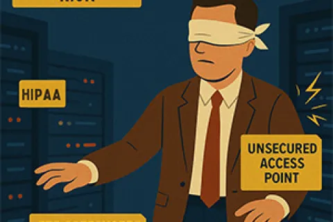 Businessman blindfolded in a data center with warnings about HIPAA violation risk and unsecured access points.