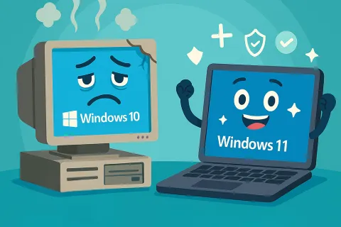 Cartoon of a sad old Windows 10 desktop and a happy modern Windows 11 laptop symbolizing software upgrade.
