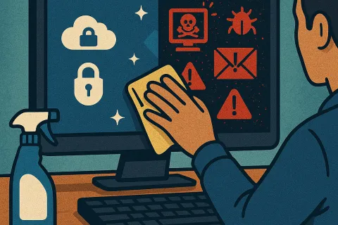 Person cleaning computer screen illustrating cybersecurity from threats to secure data protection.