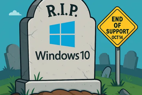 Gravestone with Windows 10 logo and R.I.P. inscription beside a sign saying end of support Oct 14 in a cemetery.