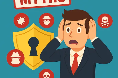 Worried man in suit with a shield and myths icons like bug, spy, and skull surrounding him.