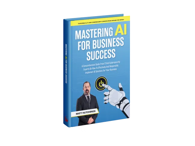 Book cover of Mastering AI for Business Success with robotic hand and author Matt Hutchings on blue background