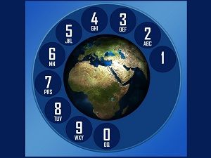 Telephone dial pad circling a globe, representing international robocalls
