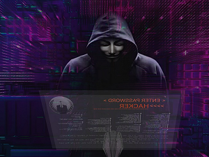 Hooded hacker at a password prompt, illustrating a Windows security vulnerability