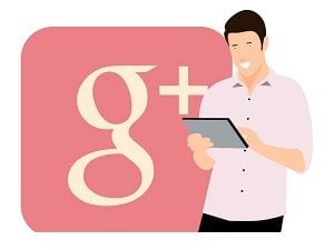Illustration of a man holding a tablet next to the Google+ logo